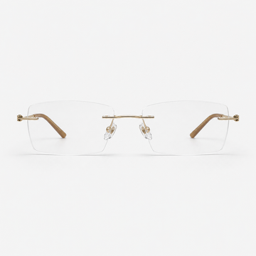 Gold titanium and acetate rectangular rimless glasses, front product view