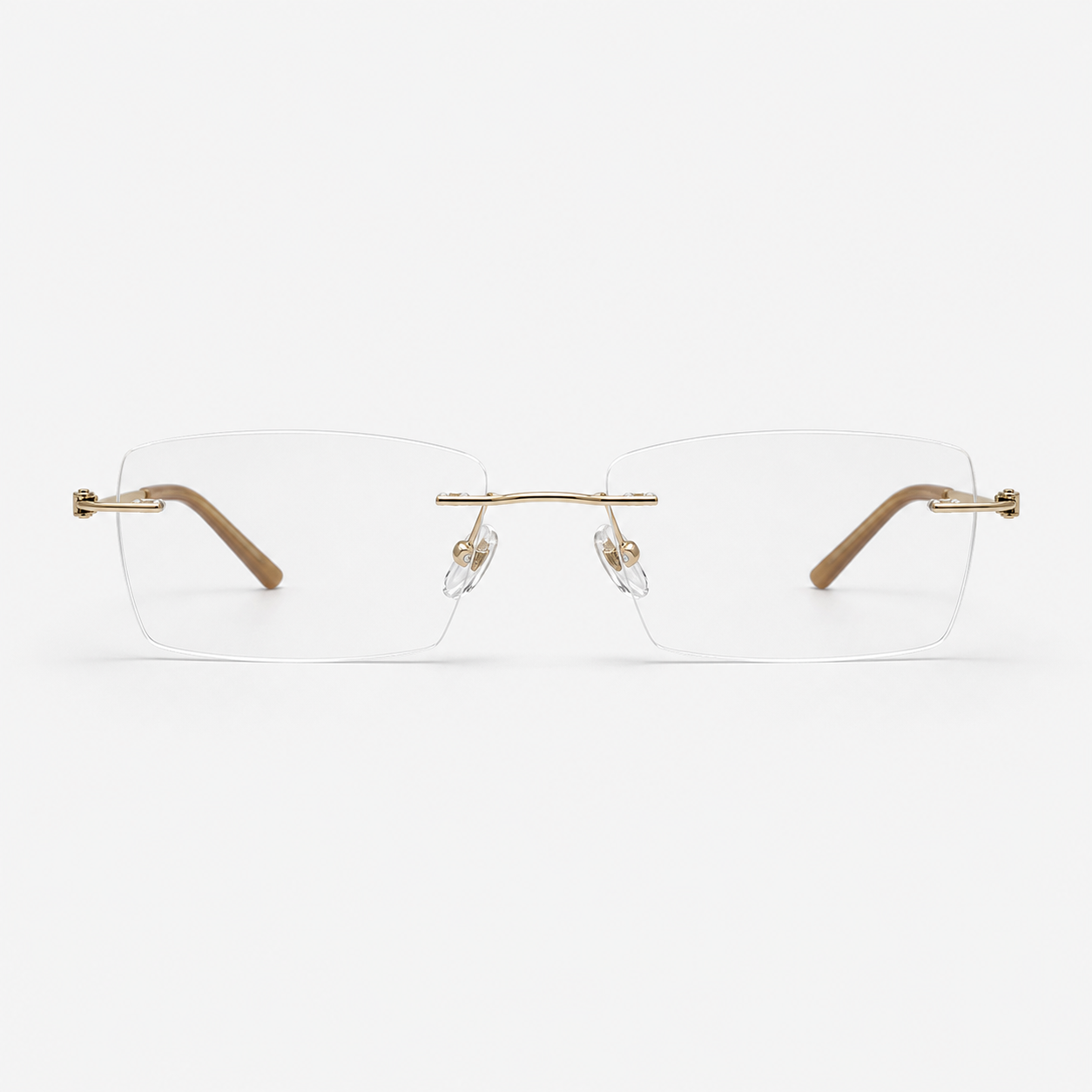 Gold titanium and acetate rectangular rimless glasses, front product view