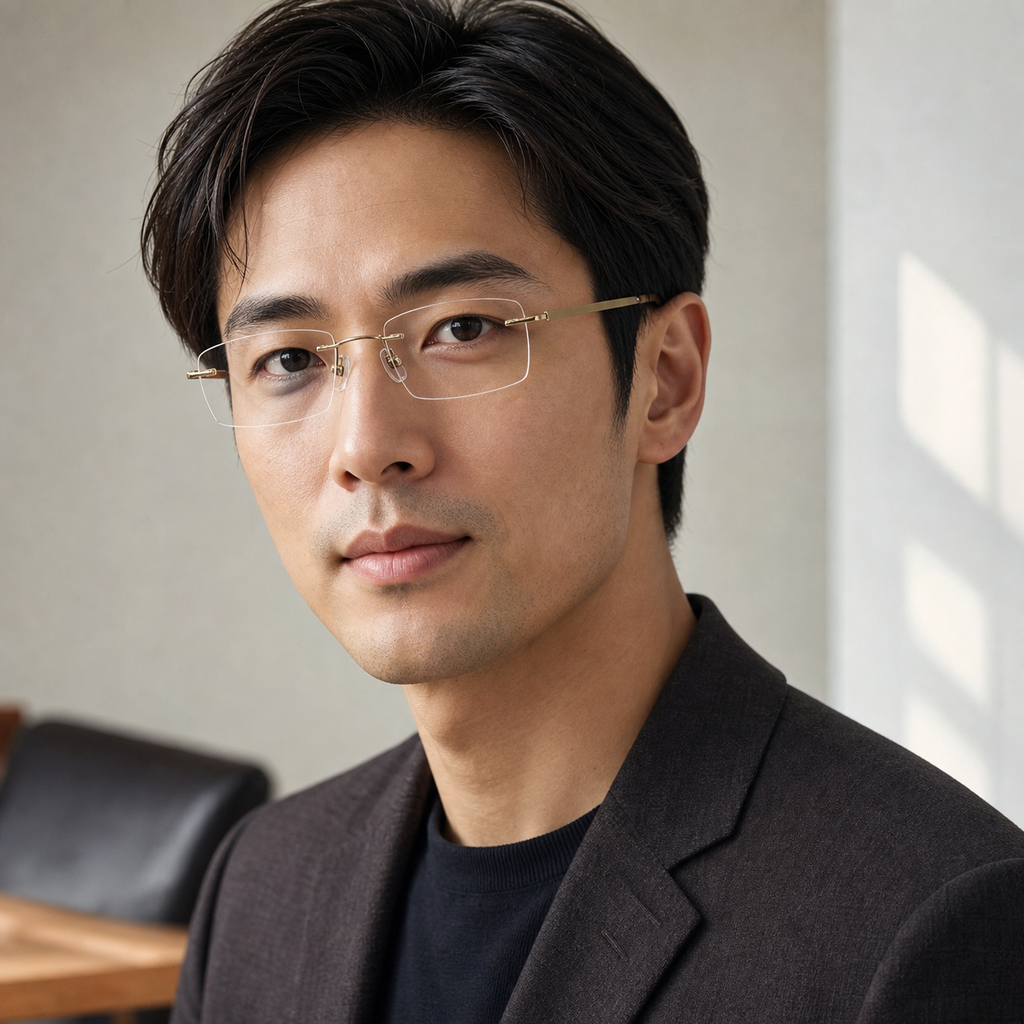 Gold titanium and acetate rectangular rimless glasses worn by an adult East Asian man