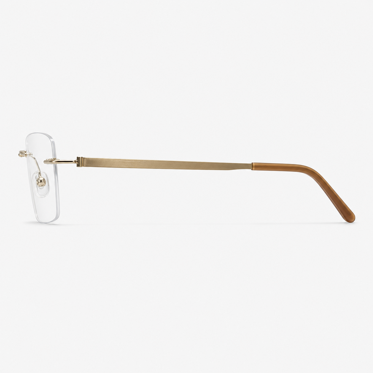 Gold titanium and acetate rectangular rimless glasses, side and temple product view