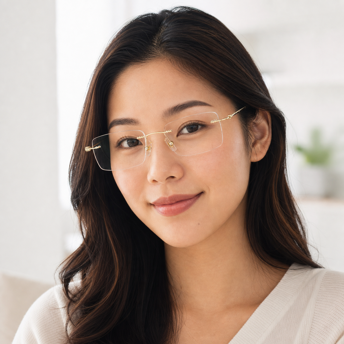 Gold titanium rimless glasses worn by an adult East Asian woman