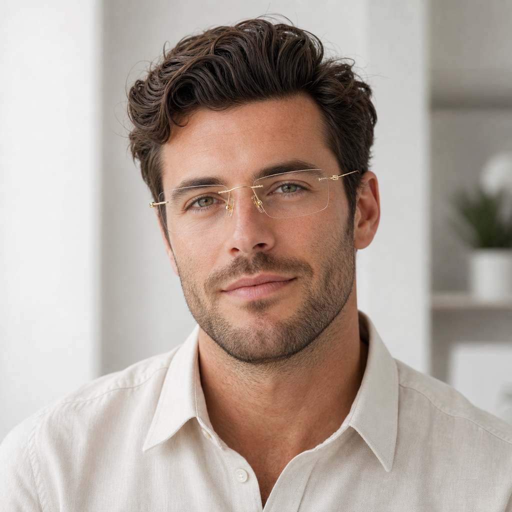 Gold titanium rimless glasses worn by an adult White man