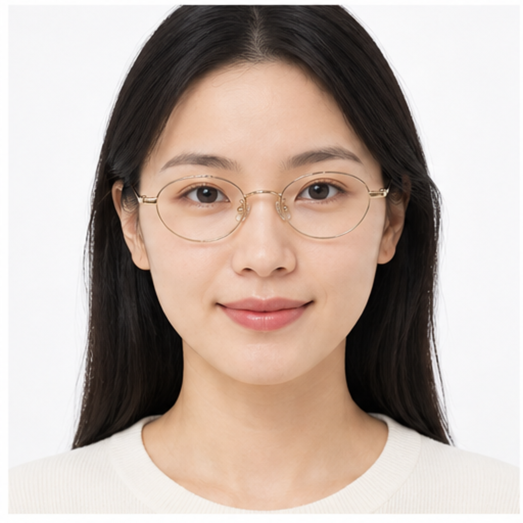 Gold women's ultra-light titanium small oval full-rim glasses worn by an adult East Asian woman