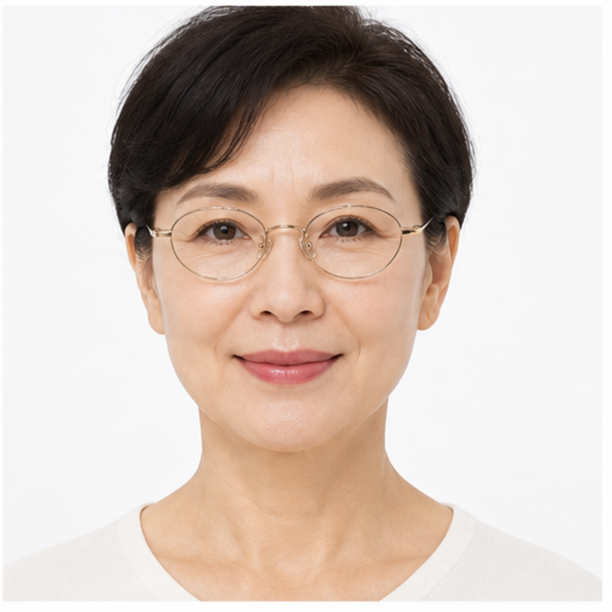 Gold women's ultra-light titanium small oval full-rim glasses worn by an adult mature East Asian woman