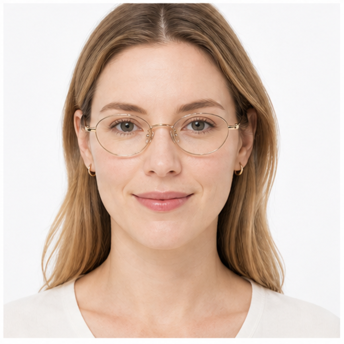 Gold women's ultra-light titanium small oval full-rim glasses worn by an adult White woman