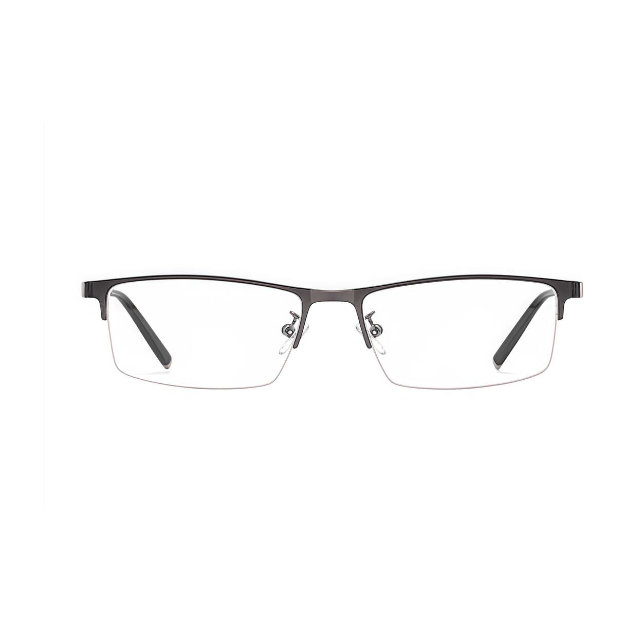 Gunmetal titanium-alloy rectangular semi-rimless glasses, front product view