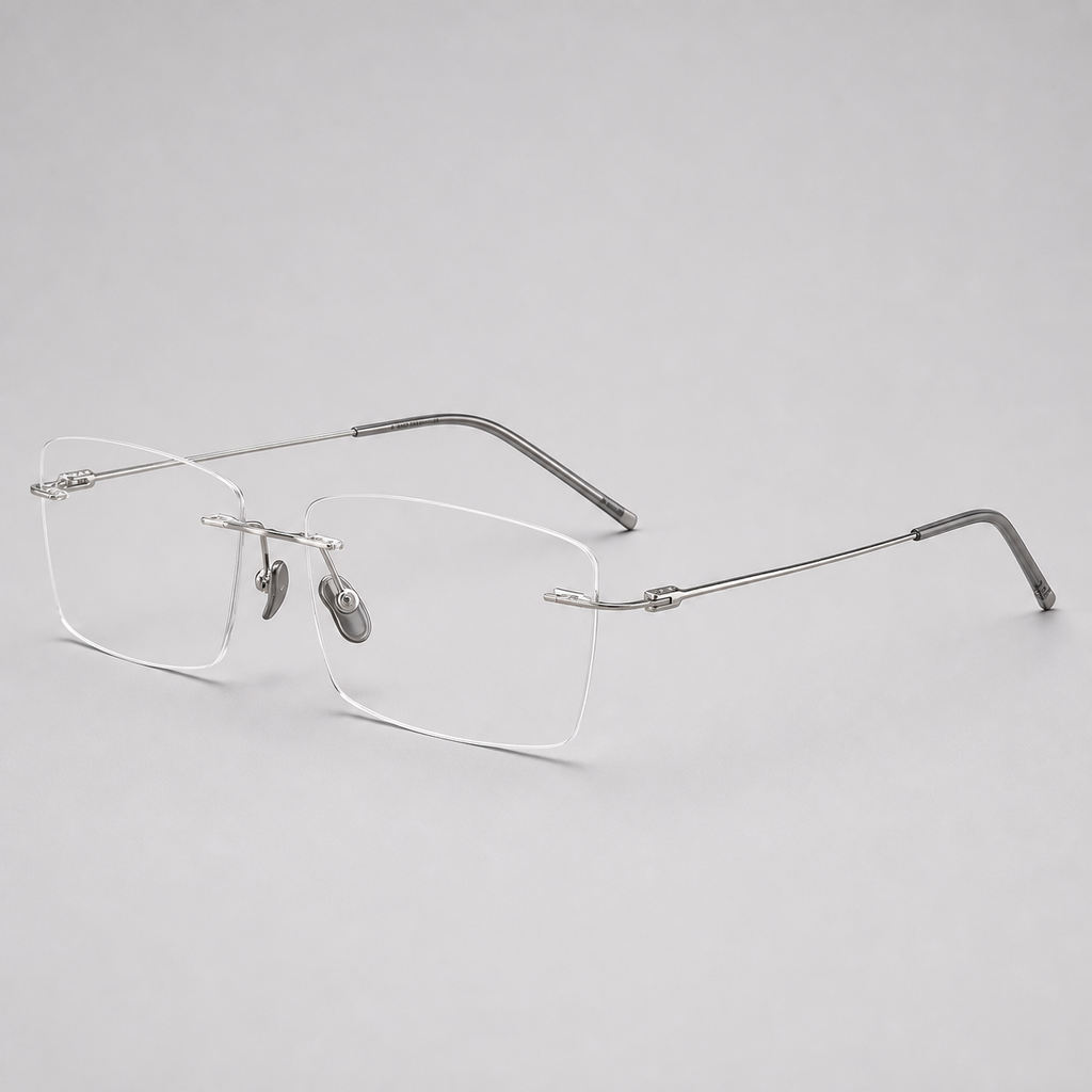 Silver pure titanium rimless shallow rectangular eyeglasses, 45-degree product view