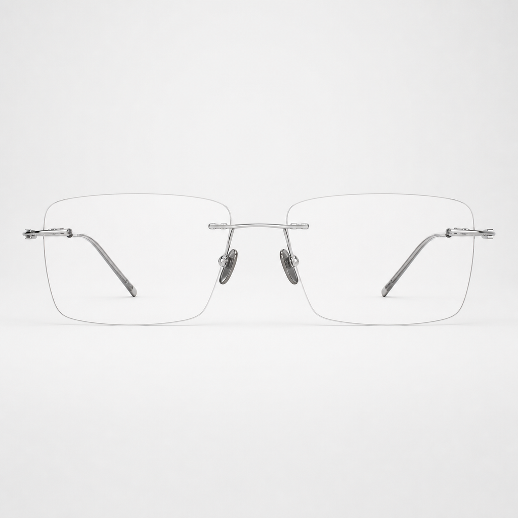 Silver pure titanium rimless shallow rectangular eyeglasses, straight-on product view