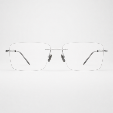 Silver pure titanium rimless shallow rectangular eyeglasses, straight-on product view
