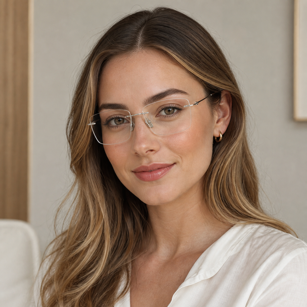 Silver pure titanium rimless shallow rectangular eyeglasses, front adult model fit