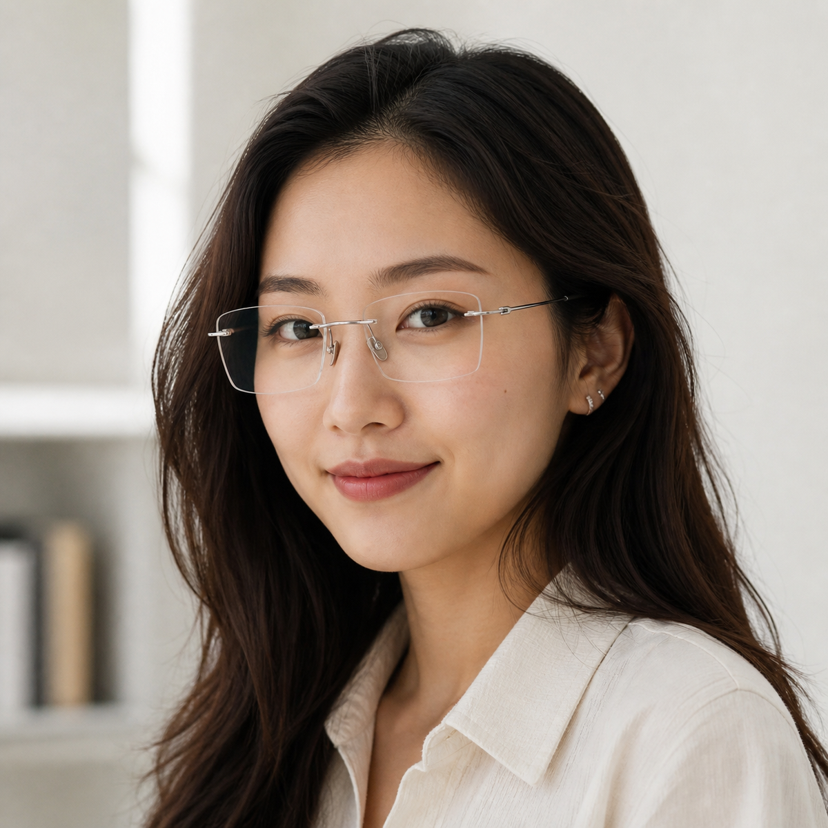 Silver pure titanium rimless shallow rectangular eyeglasses, three-quarter adult model fit