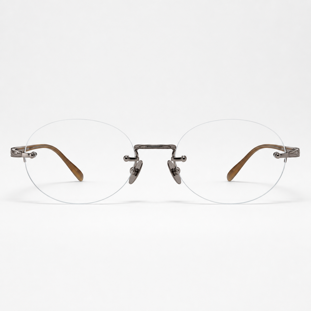 Gunmetal/Brown titanium and acetate rimless oval eyeglasses, straight-on product view