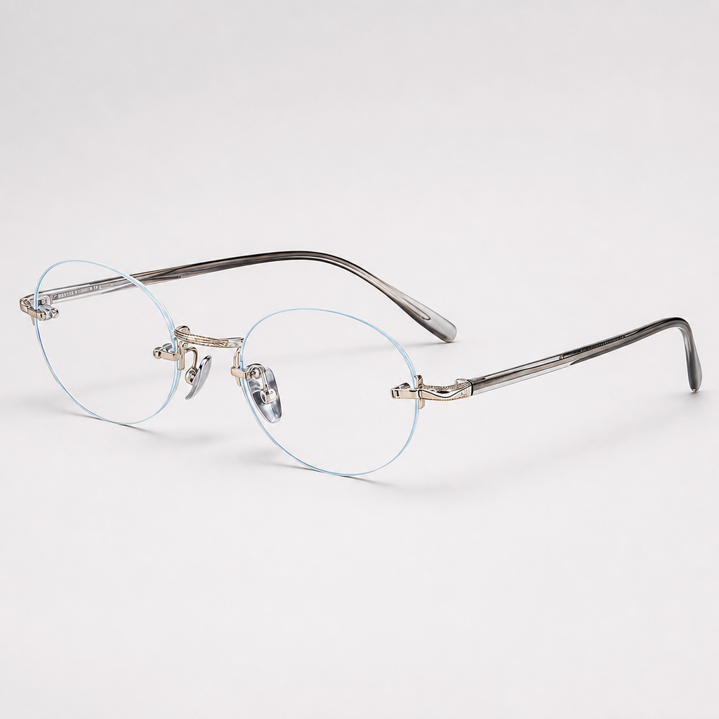 Silver/Grey titanium and acetate rimless oval eyeglasses, 45-degree product view
