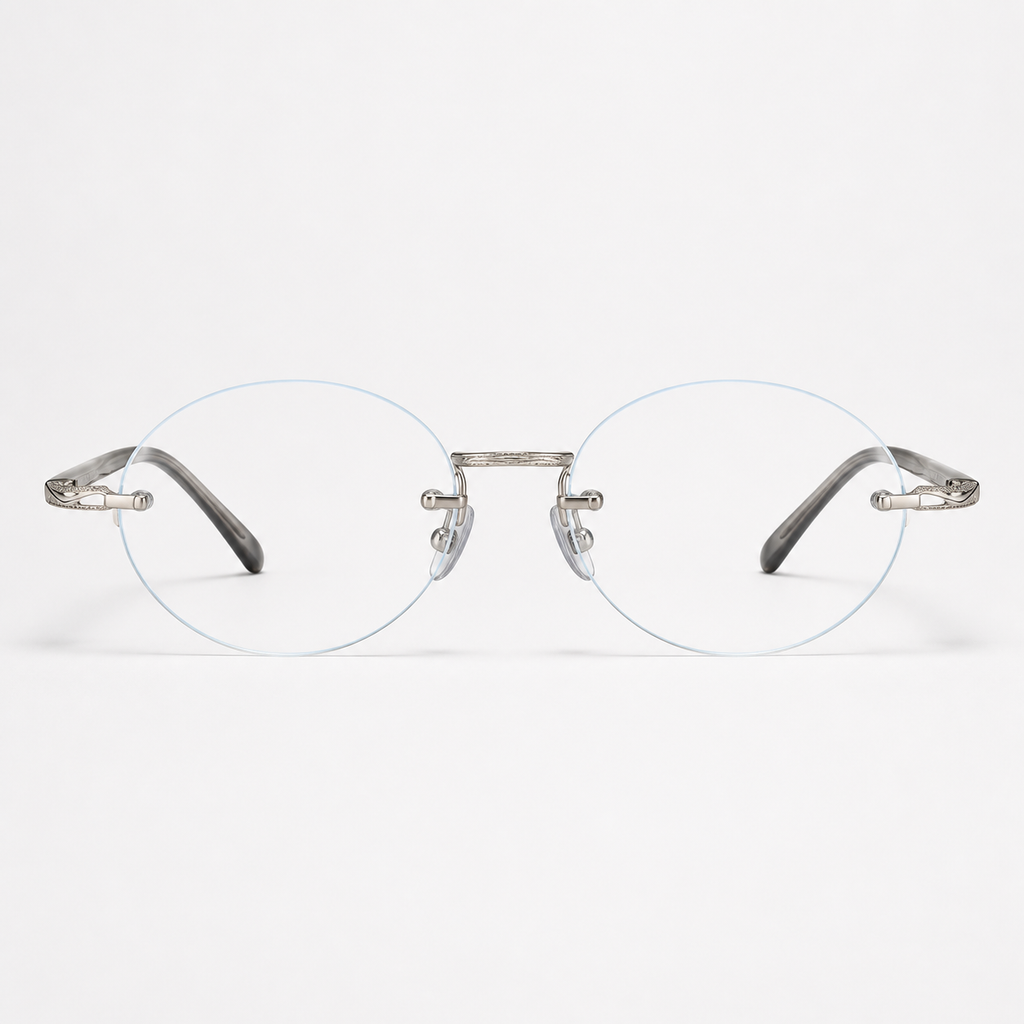 Silver/Grey titanium and acetate rimless oval eyeglasses, straight-on product view