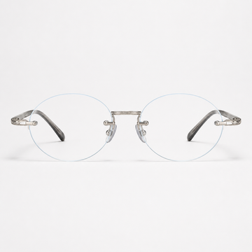 Silver/Grey titanium and acetate rimless oval eyeglasses, straight-on product view
