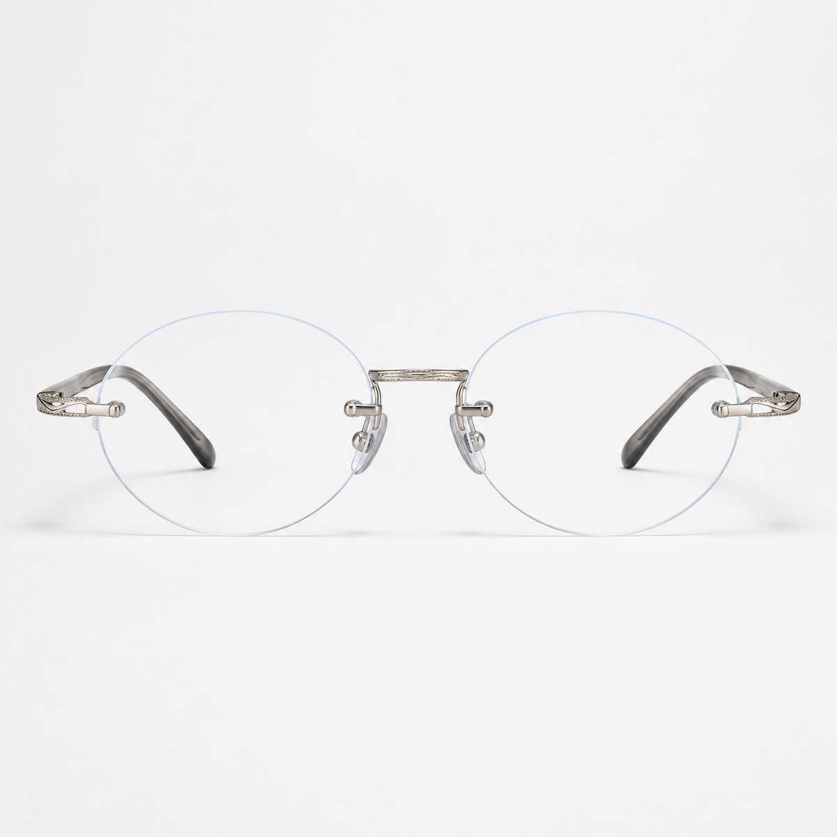 Silver/Grey titanium and acetate rimless oval eyeglasses, straight-on product view