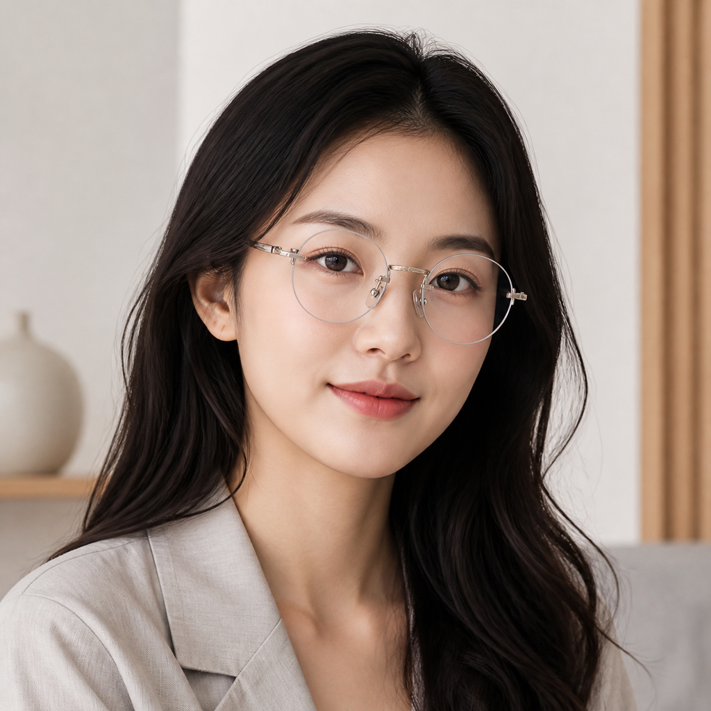 Silver/Grey titanium and acetate rimless oval eyeglasses, three-quarter adult model fit