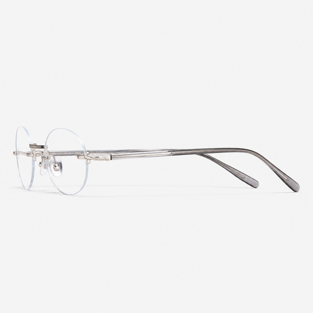 Silver/Grey titanium and acetate rimless oval eyeglasses, side-profile product view
