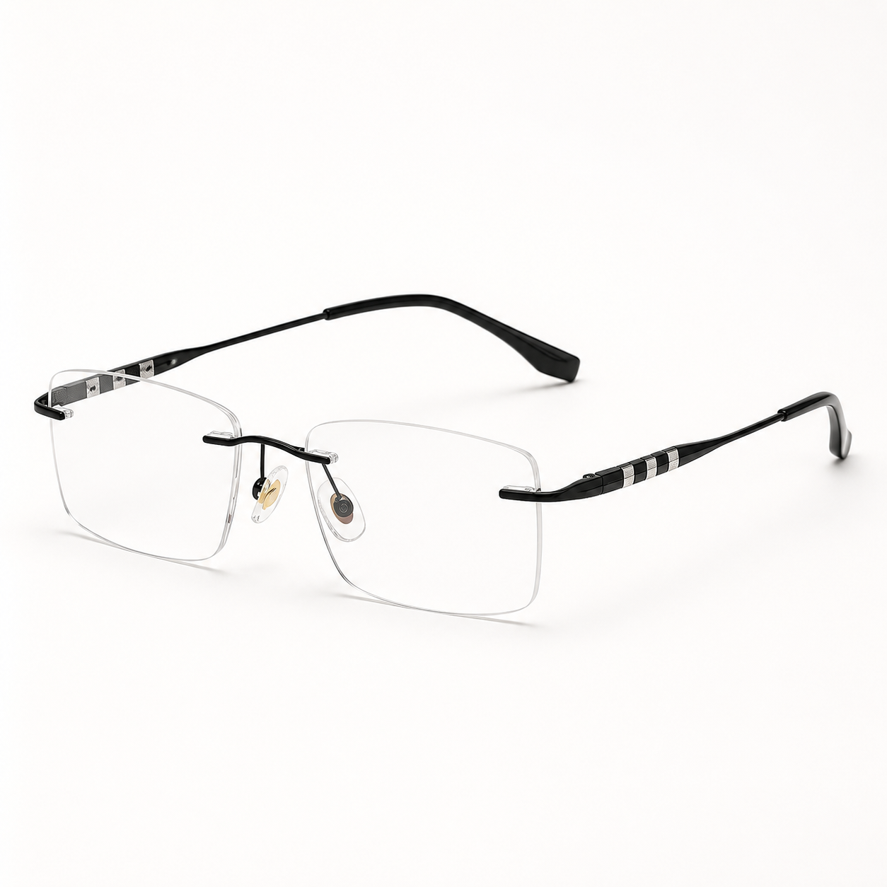 Black semi-titanium rimless rectangular eyeglasses, 45-degree product view