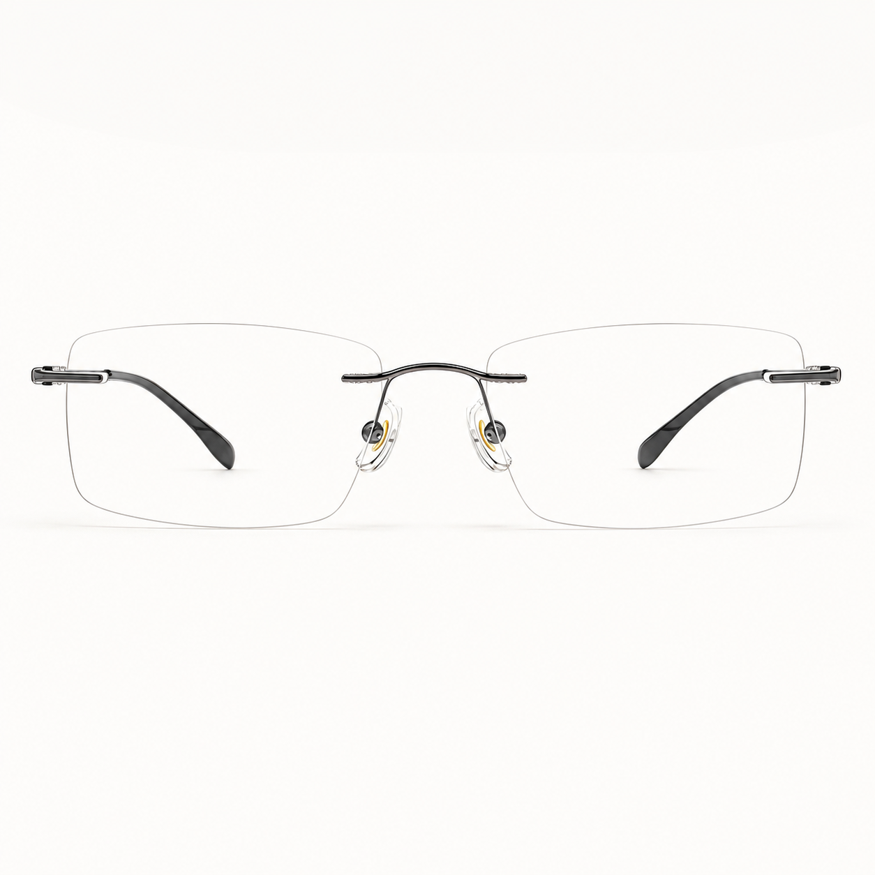 Gunmetal semi-titanium rimless rectangular eyeglasses, straight-on product view