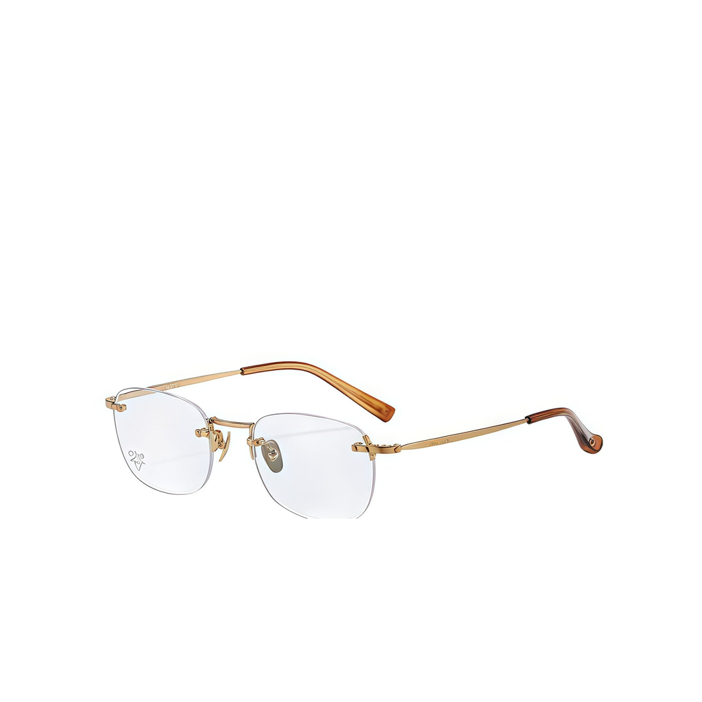Light Gold/Crystal Orange titanium and acetate rimless glasses, 45-degree product view