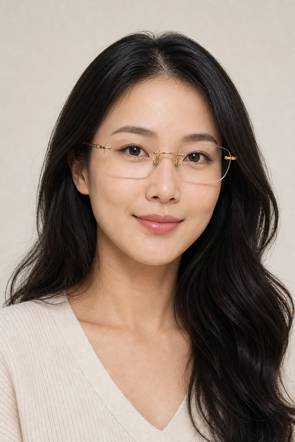 Light Gold/Crystal Orange titanium and acetate rimless glasses worn by an adult East Asian woman