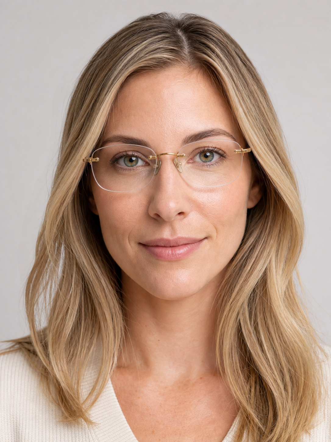 Light Gold/Crystal Orange titanium and acetate rimless glasses worn by an adult White woman