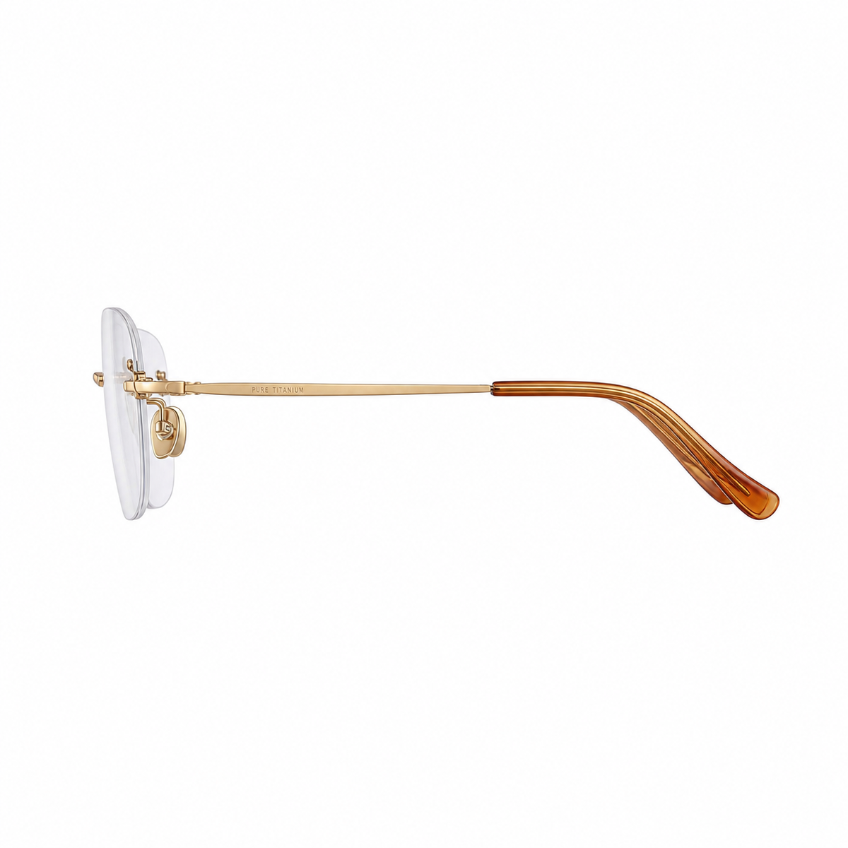 Light Gold/Crystal Orange titanium and acetate rimless glasses, side and temple product view