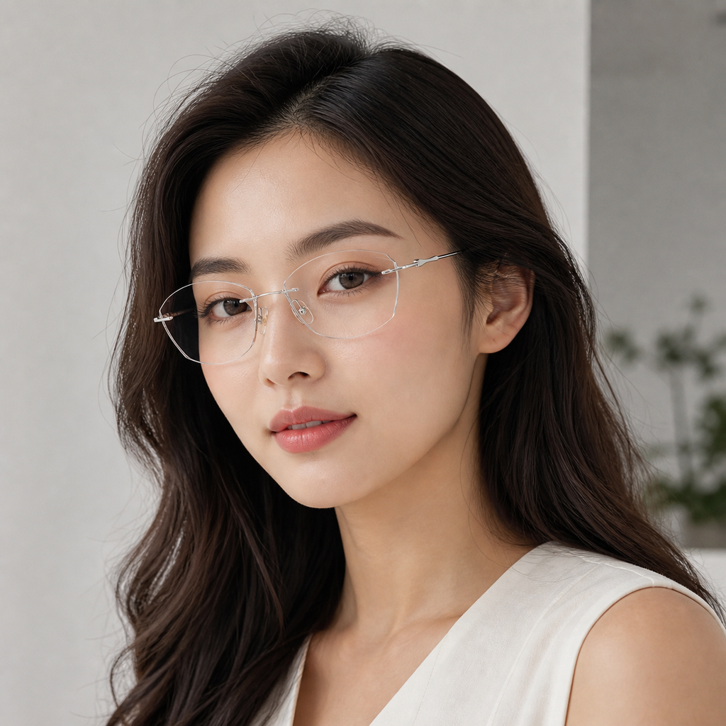 Default titanium rimless geometric eyeglasses, three-quarter adult model fit
