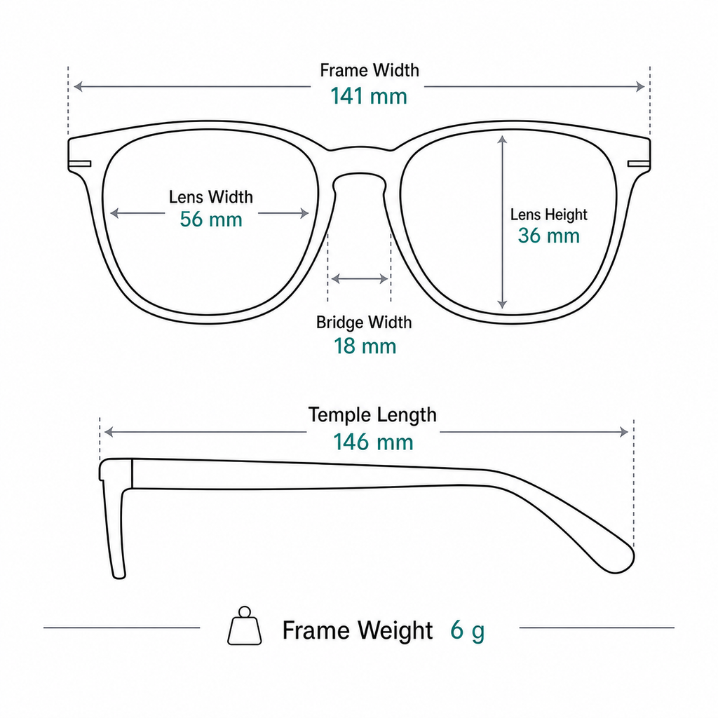 Women's Titanium Rimless Geometric Glasses measurement guide: 141mm frame width, 56mm lens width, 6g weight