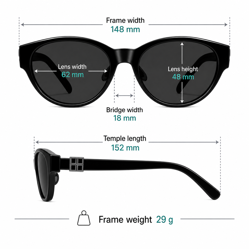 Frame measurement guide: 148 mm width, 62 mm lenses, 48 mm lens height and 29 g weight