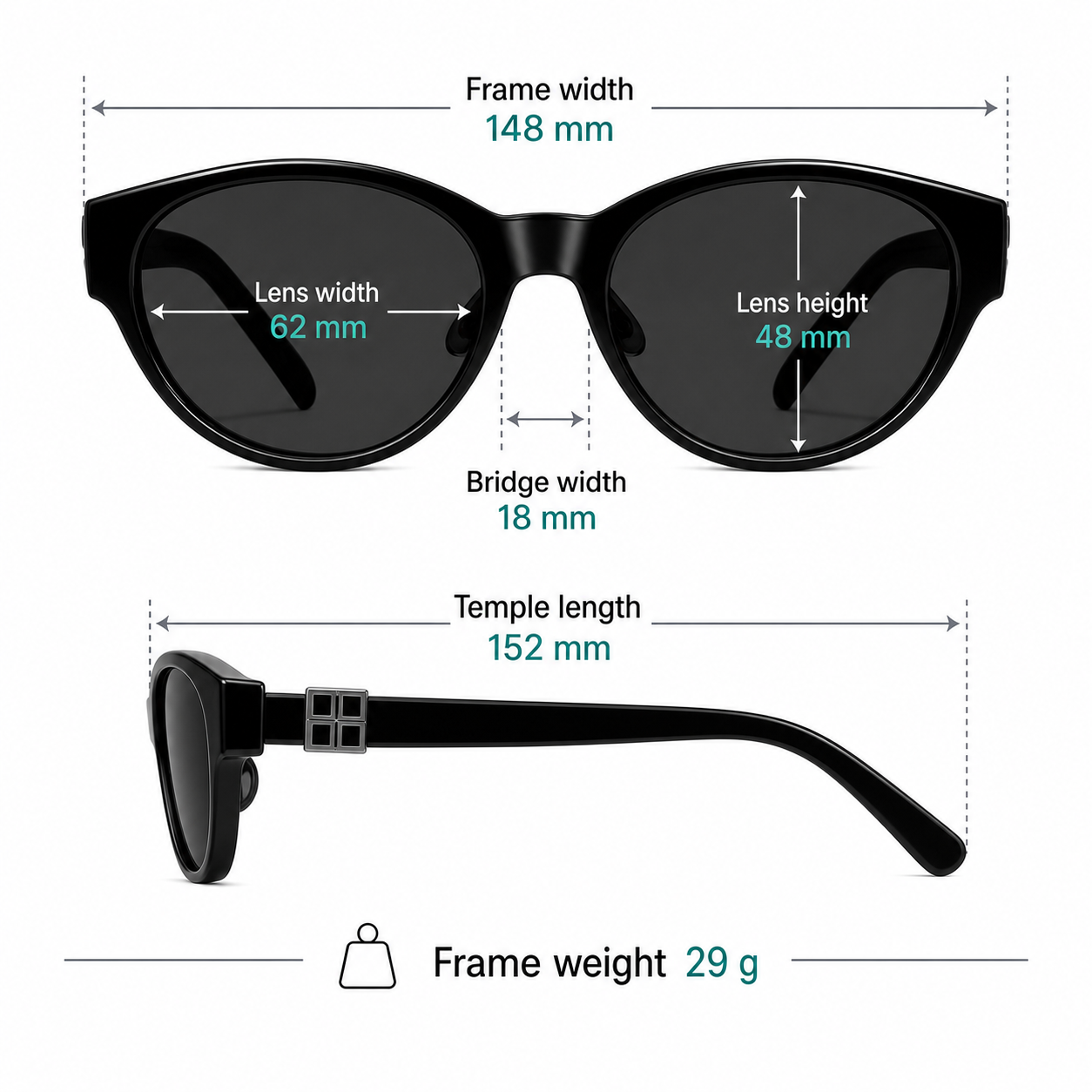 Frame measurement guide: 148 mm width, 62 mm lenses, 48 mm lens height and 29 g weight