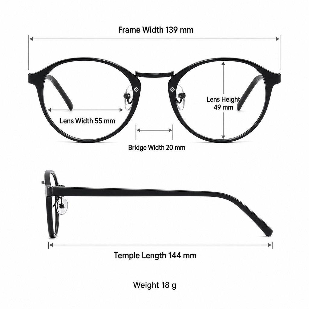 Unisex ultra-light round full-rim glasses measurement guide: 139 mm frame, 55 mm lens, 18 g weight