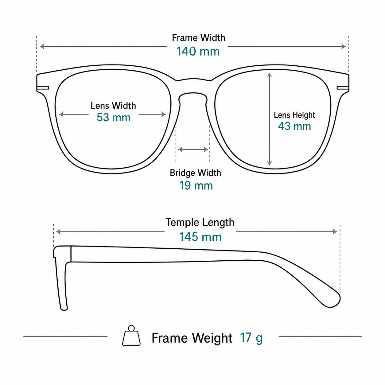 Vintage Samurai-Inspired Alloy Semi-Rimless Glasses measurement guide: 140 mm frame, 53 mm lens, 17 g weight