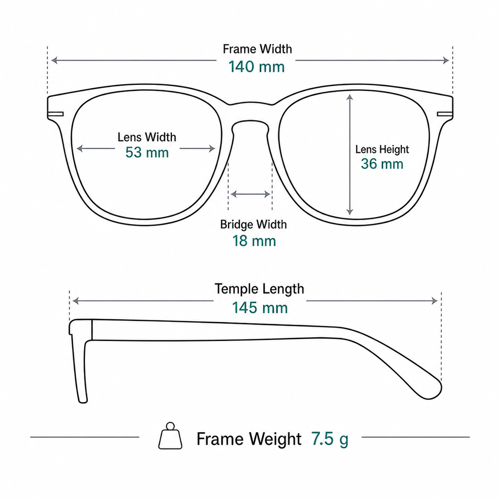 Business Part-Titanium Semi-Rimless Glasses measurement guide: 140 mm frame, 53 mm lens, 7.5 g weight