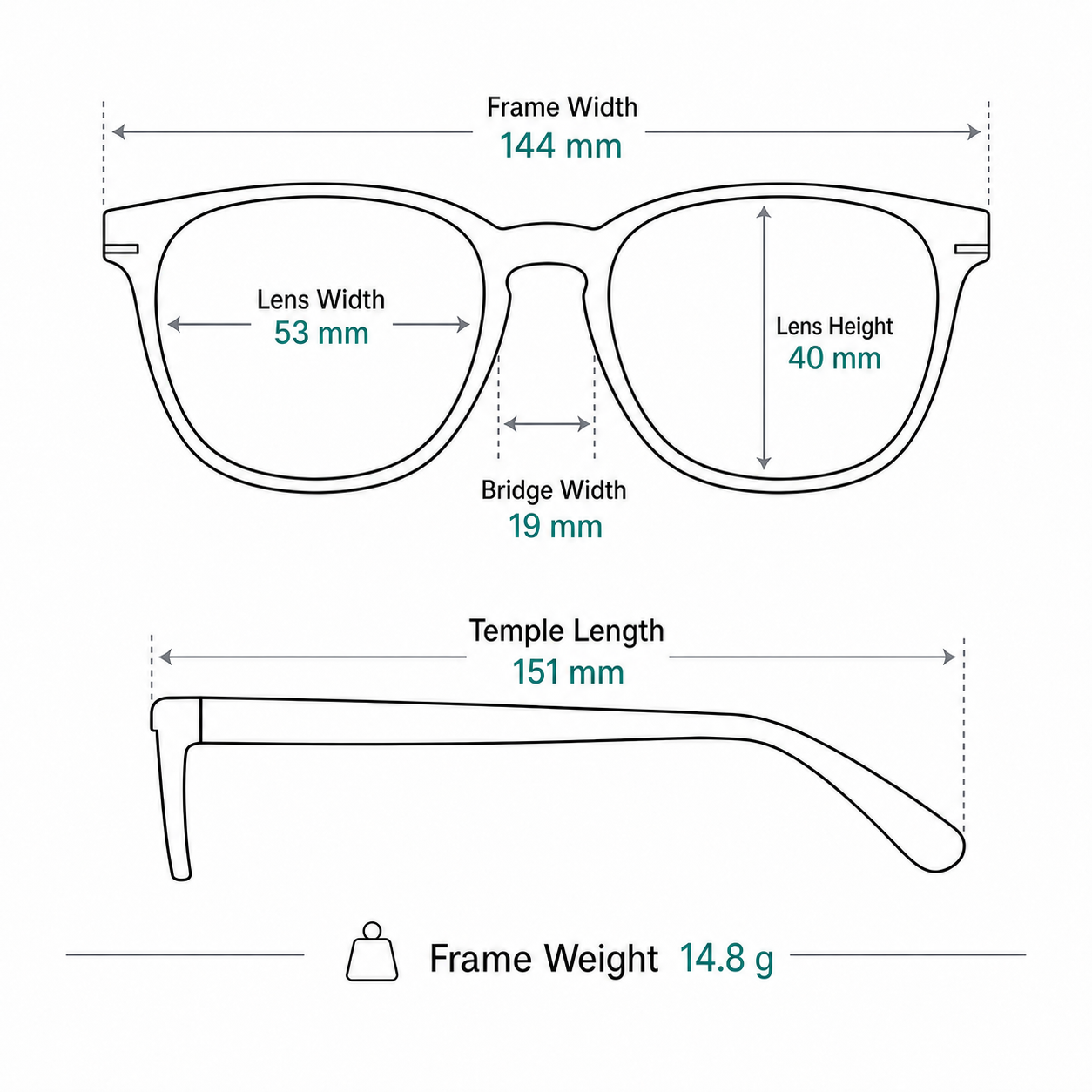 Vintage Artistic TR & Alloy Semi-Rimless Glasses measurement guide: 144 mm frame, 53 mm lens, 14.8 g weight