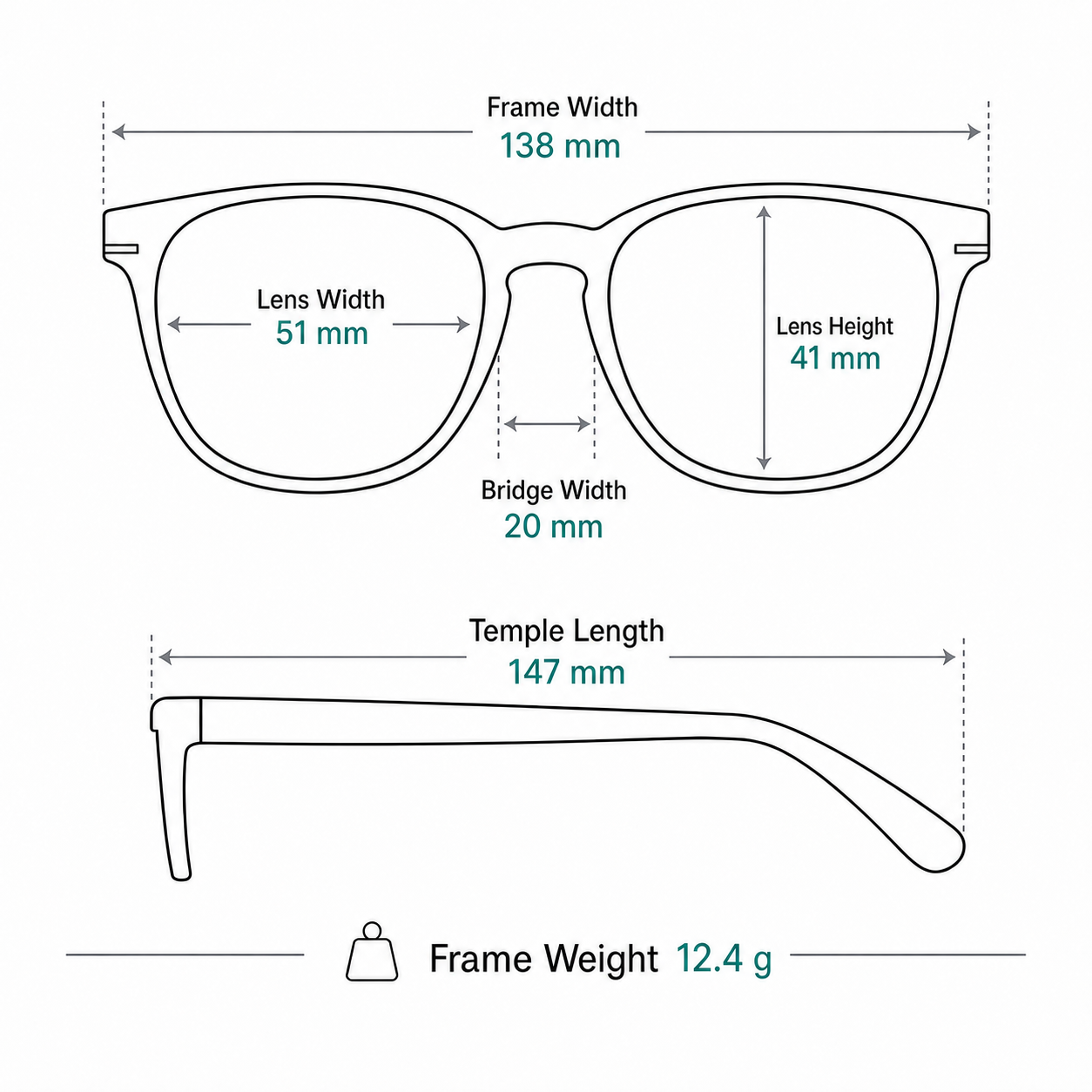 Contemporary TR & Alloy Semi-Rimless Glasses measurement guide: 138 mm frame, 51 mm lens, 12.4 g weight