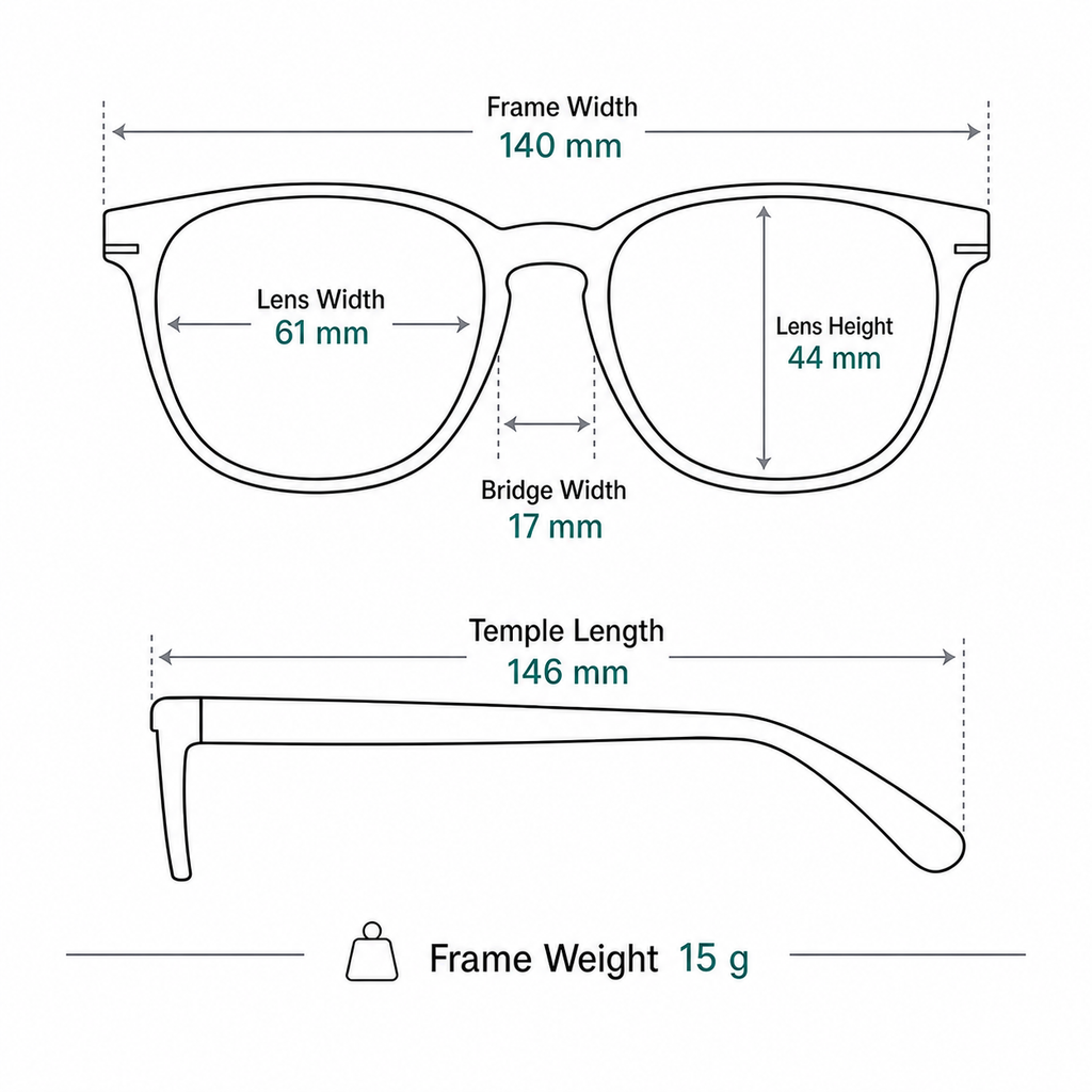 Women's TR & Alloy Cat-Eye Full-Rim Glasses measurement guide: 140 mm frame, 61 mm lens, 15 g weight