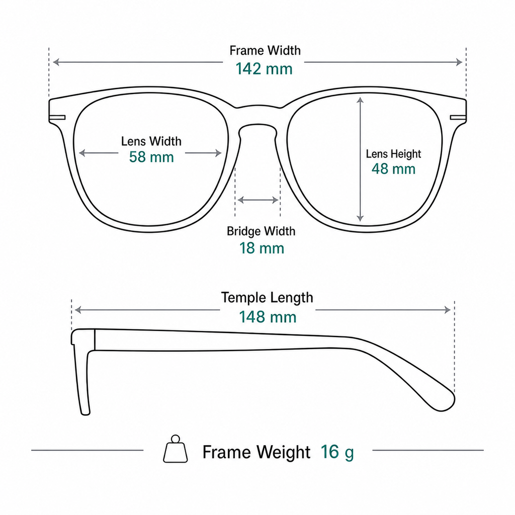 Women's TR90 Oversized Polygon Cat-Eye Glasses measurement guide: 142 mm frame, 58 mm lens, 16 g weight
