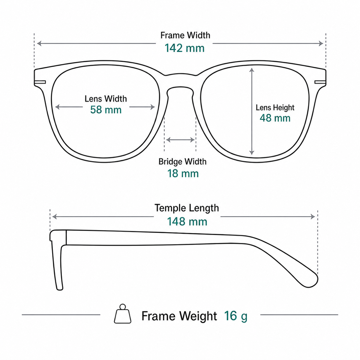 Women's TR90 Oversized Polygon Cat-Eye Glasses measurement guide: 142 mm frame, 58 mm lens, 16 g weight