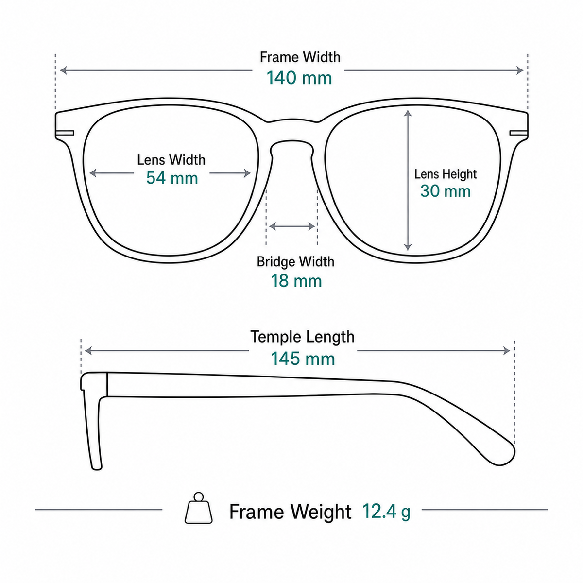 Minimalist Narrow Alloy Semi-Rimless Glasses measurement guide: 140 mm frame, 54 mm lens, 12.4 g weight