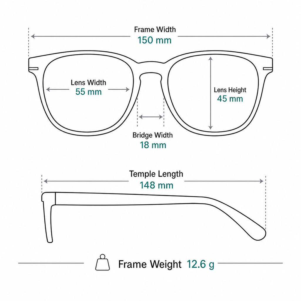 Minimalist TR & Titanium Semi-Rimless Glasses measurement guide: 150 mm frame, 55 mm lens, 12.6 g weight