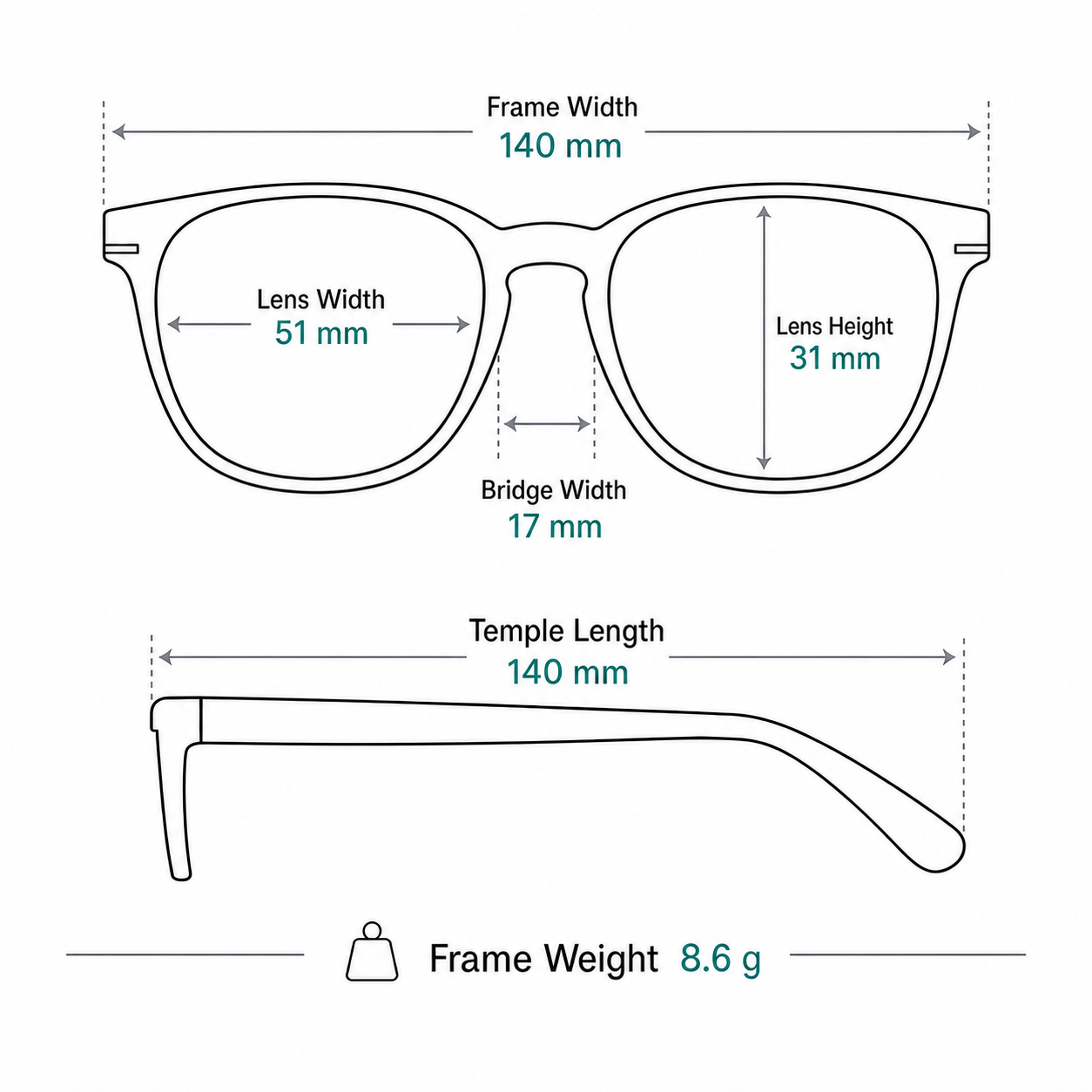 Classic Business Pure Titanium Semi-Rimless Glasses measurement guide: 140 mm frame, 51 mm lens, 8.6 g weight