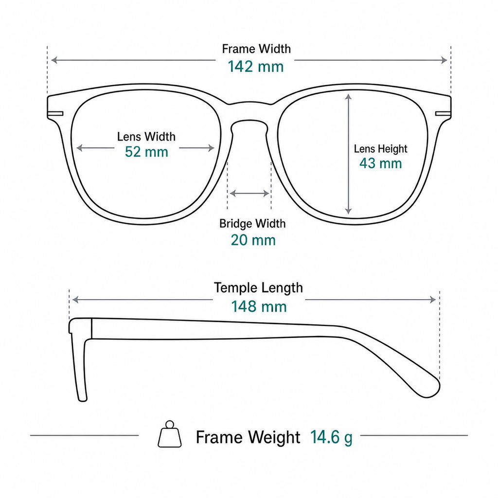 Sophisticated TR & Alloy Semi-Rimless Glasses measurement guide: 142 mm frame, 52 mm lens, 14.6 g weight