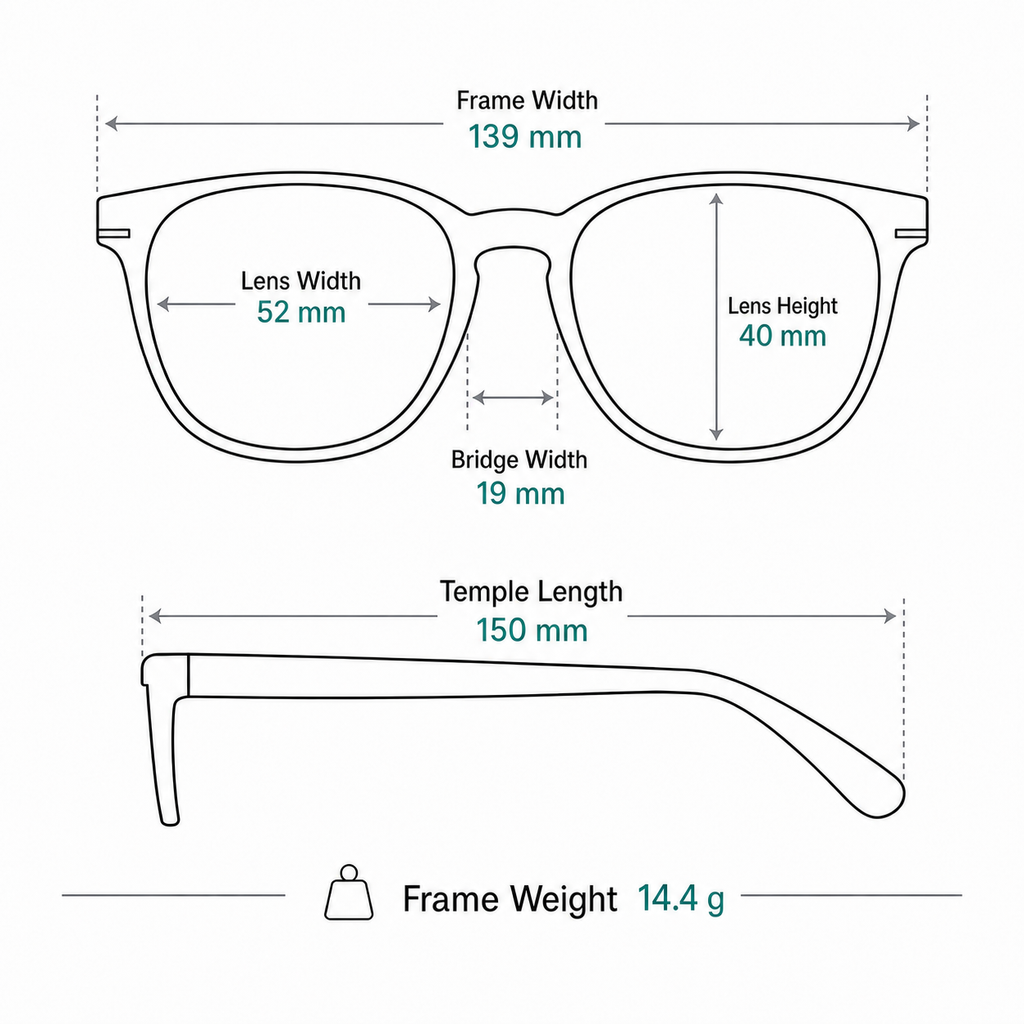 Refined TR & Titanium Alloy Semi-Rimless Glasses measurement guide: 139 mm frame, 52 mm lens, 14.4 g weight