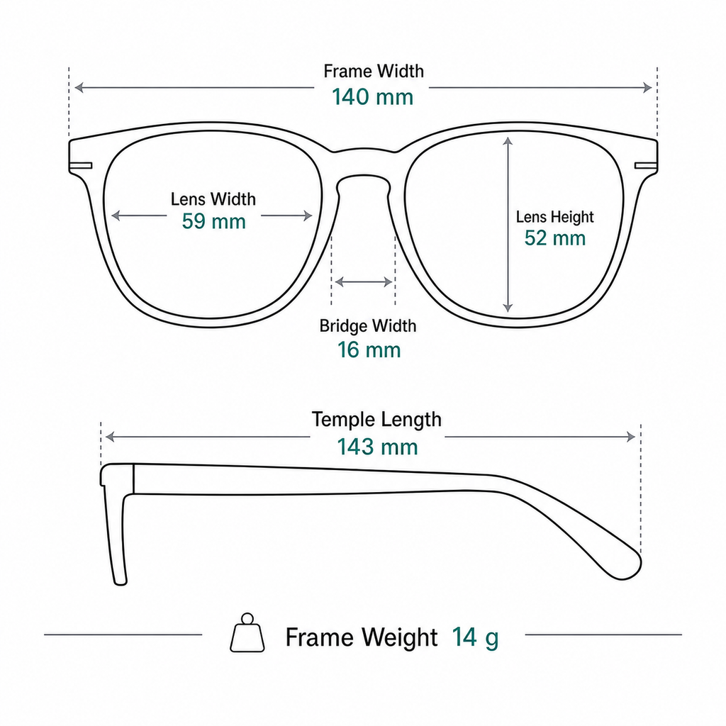 Women's Oversized Cat-Eye TR90 Full-Rim Glasses measurement guide: 140 mm frame, 59 mm lens, 14 g weight