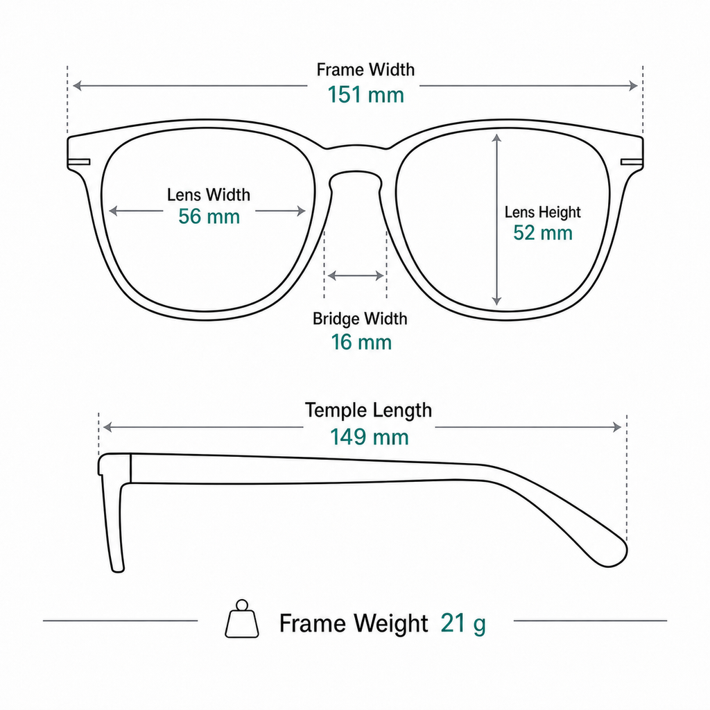 Unisex Oversized Square TR90 Blue-Light Glasses measurement guide: 151 mm frame, 56 mm lens, 21 g weight
