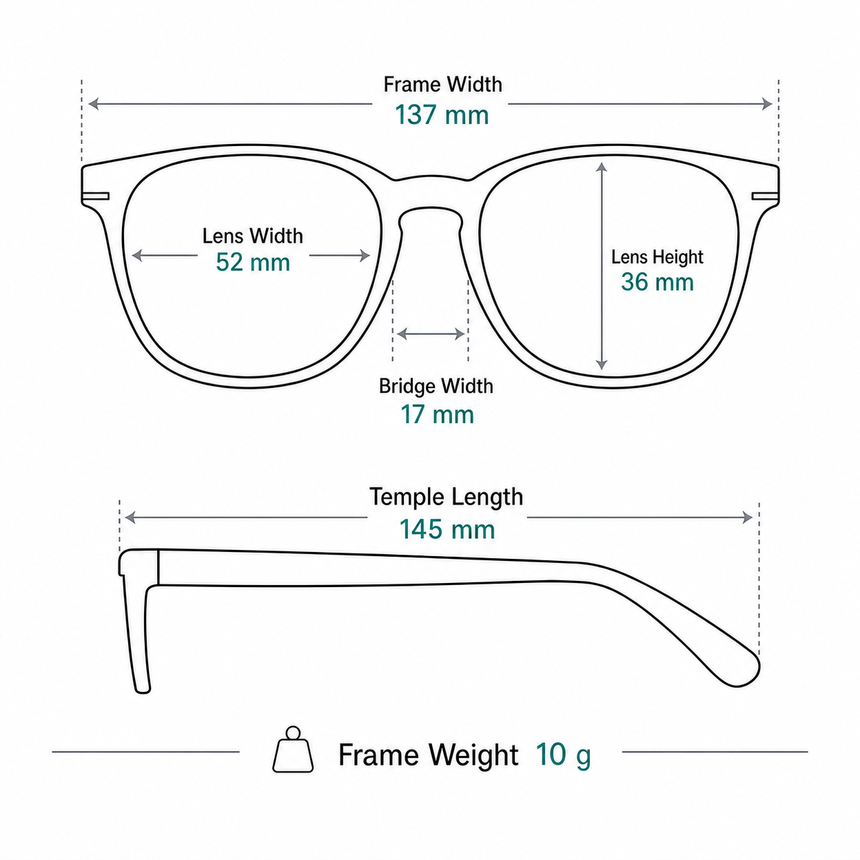 Business Casual Alloy Semi-Rimless Glasses measurement guide: 137 mm frame, 52 mm lens, 10 g weight