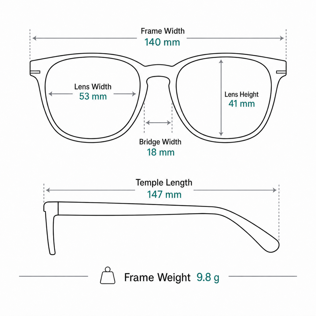 Minimalist Pure Titanium Semi-Rimless Glasses measurement guide: 140 mm frame, 53 mm lens, 9.8 g weight