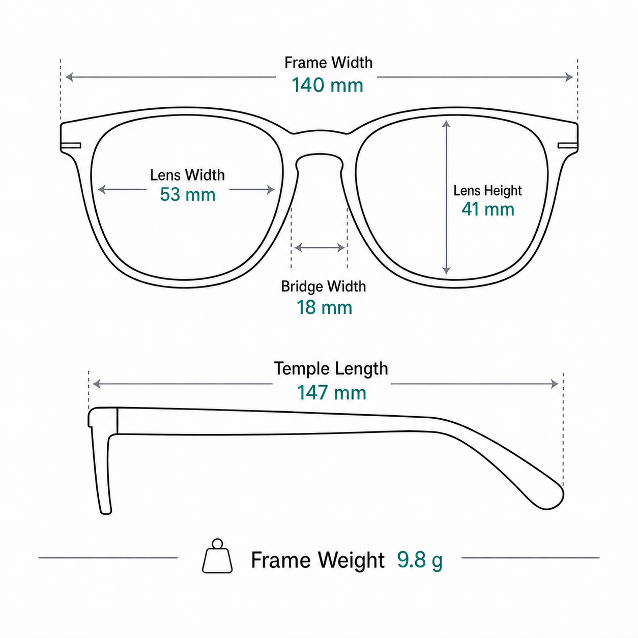 Minimalist Pure Titanium Semi-Rimless Glasses measurement guide: 140 mm frame, 53 mm lens, 9.8 g weight